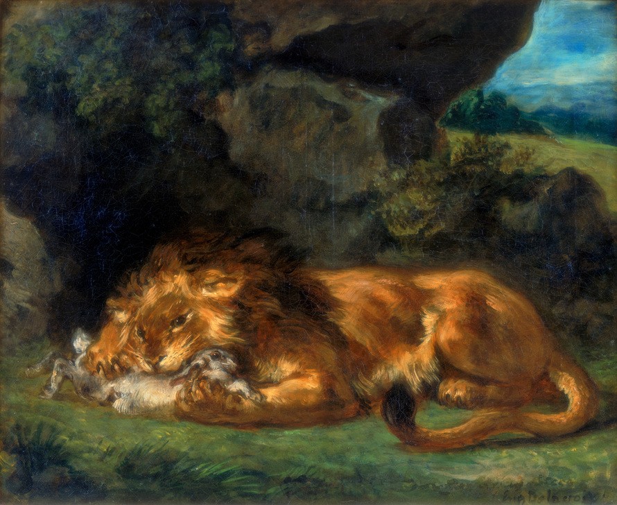 Eugene Delacroix, Lion Devouring a Rabbit (Kunst,Kaninchen,Verschlingen,Tier,Säugetier,Raub,Farbe)