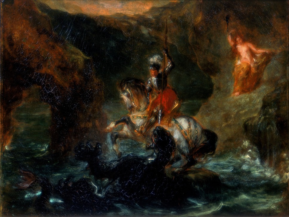 Eugene Delacroix, St George Fighting the Dragon or Perseus Delivering Andromeda (Frau,Krieg,Kunst,Mann,Mythologie,Pferd (Tier),Religion,Ritter,Rettung,Felsen,Kampf,Dame,Tier,Heiliger,Krieger,Farbe)