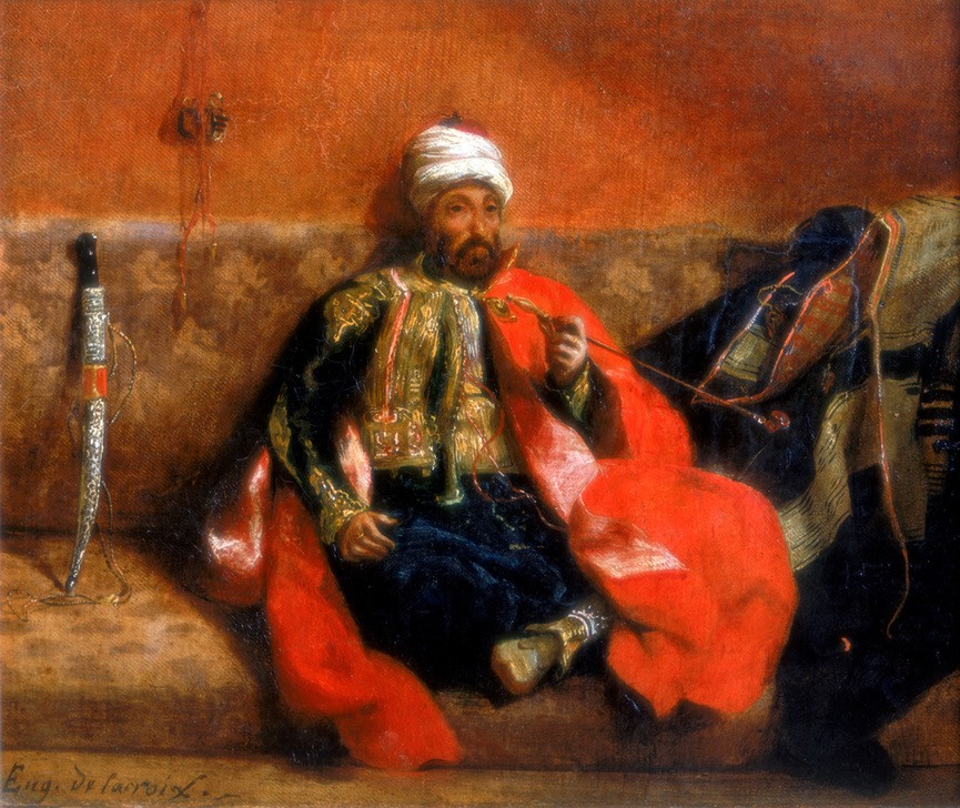 Eugene Delacroix, Turk Sitting Smoking on a Couch (Dolch,Kopfbedeckung,Krieg,Kunst,Mann,Freizeit,Waffe,Rauchen,Turban,Portrait,Türkisch,Rohr,Genuss,Entspannung,Scheide,Klinge,Couch,Farbe)