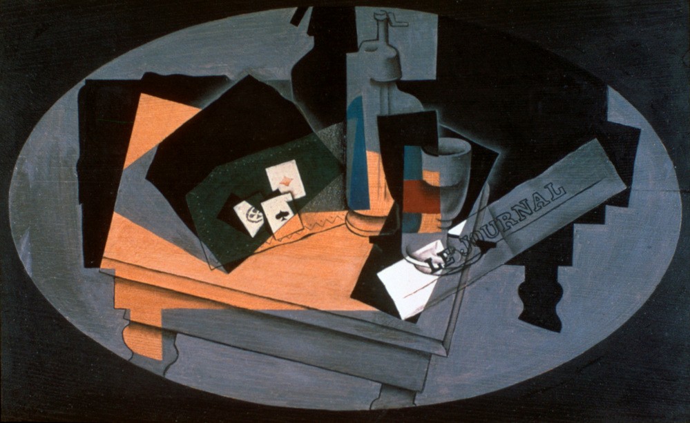 Juan Gris, Playing Cards and Siphon (Kunst,Möbel,Spiel,Nacht,Kubismus,Stillleben,Zeitung,Zeit,Müssiggang,Tabelle,Grau,Farbe)