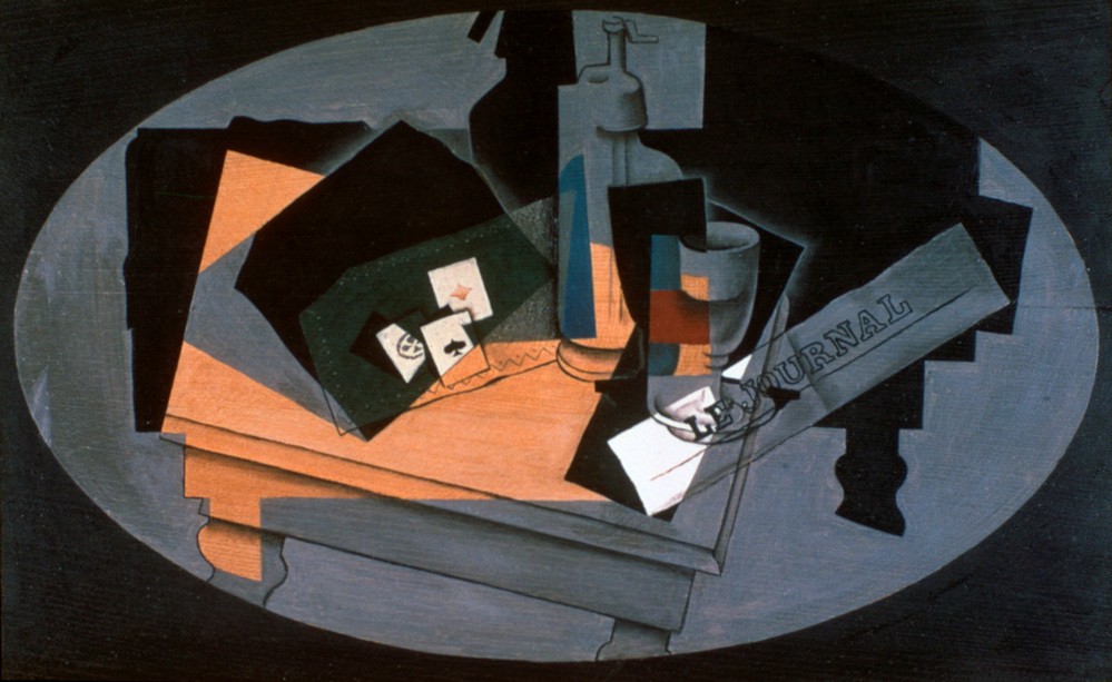 Juan Gris, Playing Cards and Siphon (Kunst,Möbel,Spiel,Nacht,Kubismus,Stillleben,Zeitung,Zeit,Müssiggang,Tabelle,Grau,Farbe)