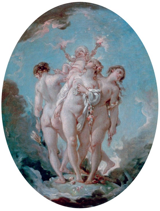 Francois Boucher, The Three Graces (Drei Grazien, Aktmalerei, üppig, Mythologie, Nacktheit, Erotik, Kind, Fackeln, Amor, Rokoko, Klassiker, Wunschgröße, Wohnzimmer, Schlafzimmer, Malerei, bunt)