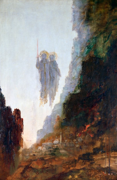 Gustave Moreau, Angels of Sodom (Landschaft, Stadt, Zerstörung, Strafe,  Alts Testament, Religion, Engel, Schweben,  Symbolismus, Wohnzimmer,  Wunschgröße)