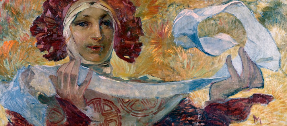 Alfons Maria Mucha, Untitled (Frau,Jahreszeiten,Kunst,Mädchen,Sommer,Portrait,Tag,Gesicht,Stolz,Dame,Körper,Vertrauen,Kreativität)