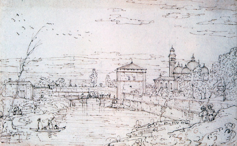 Bernardo Bellotto, Bridge over the River and Santa Giustina (Landschaft, Studie, Fluss, Brücke, Brückenpfeiler, Italien, Monochromie,   Klassische Moderne, Malerei, Expressionismus,Wunschgröße, Wohnzimmer, schwarz/weiß)