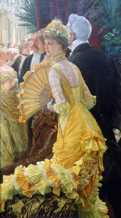 James Tissot (Jacques-Joseph), The Ball (Frau,Kunst,Mann,Tanz,Schönheit,Ballkleid,Kleid,Ventilator,Dame,Kugel,Gelb,Farbe)