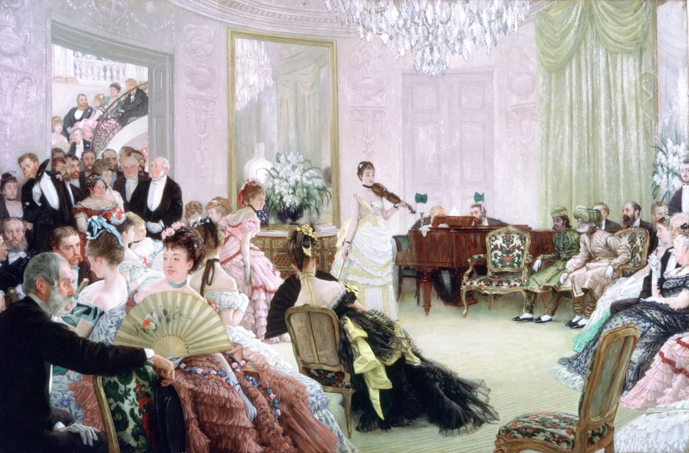James Tissot (Jacques-Joseph), Hush!, The Concert (Frau,Geiger,Konzert,Kunst,Mann,Möbel,Musiker,Musik,Spiel,Ballkleid,Publikum,Leuchter,Kleid,Ventilator,Dame,Stuhl,Beleuchtung,Fiedler,Raum,Farbe)