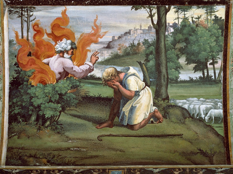 Raffael, Moses unter dem brennenden Dornbusch (Feuer,Renaissance,Berufung (Erwählung),Altes Testament,Bibel,Gottvater,Italienische Kunst,Brennender Dornbusch,Jüdisch-Christlich)