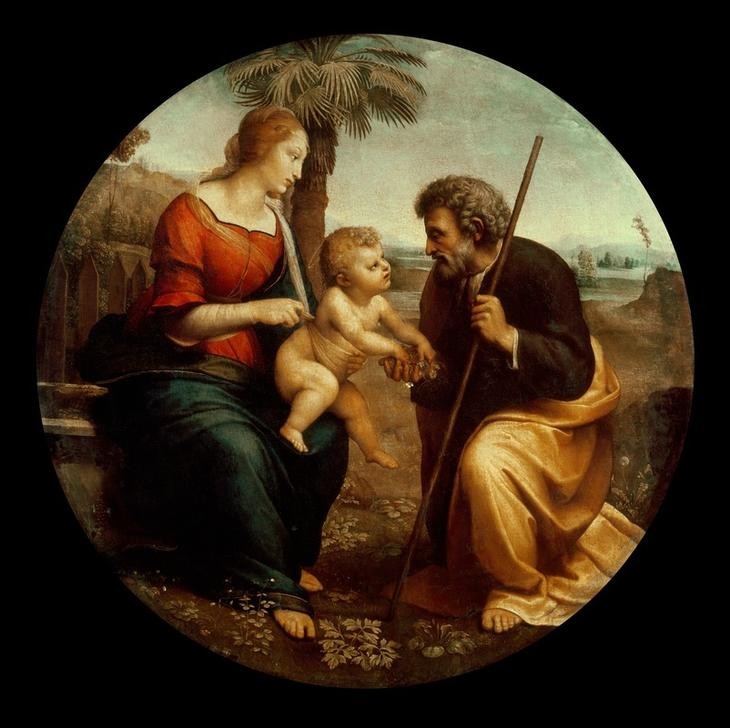 Raffael, Die Heilige Familie mit der Palme (Renaissance, heilige Familie, Kind, Jesus, Maria, Joseph, Landschaft, Religion, Christentum, Klassiker, Schlafzimmer, Wohnzimmer, Malerei, Wunschgröße, Tondo, bunt)