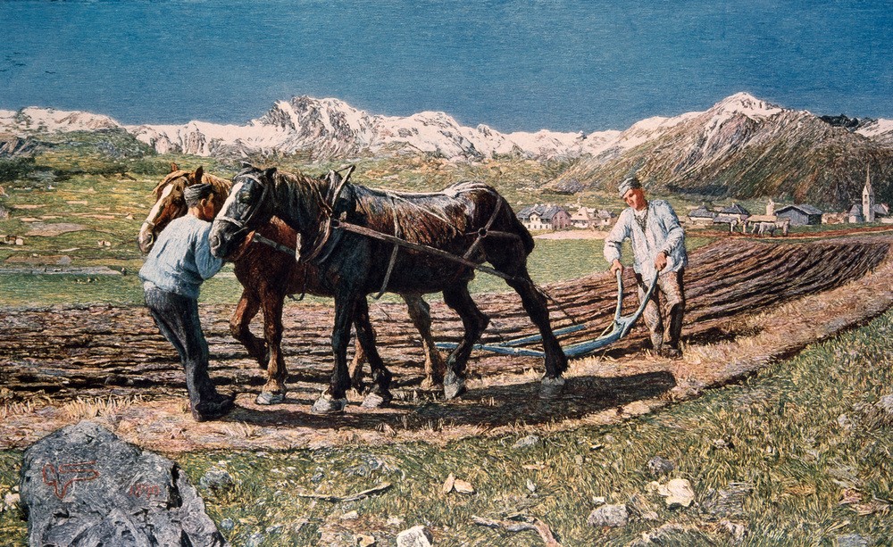 Giovanni Segantini, Pflügender Bauer (Bauer (Landwirt),Gebirge,Landschaft,Maler (Künstler),Pferd (Tier),Pflug,Italienische Kunst,Feld,Schweizerische Kunst,Jahrhundertwende,Pflügen,Feldarbeit,Landwirtschaft)