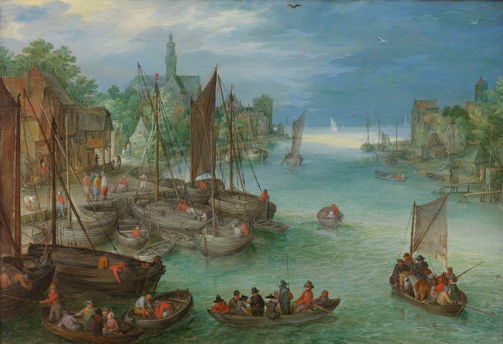 Jan Brueghel der Ältere, Ansicht einer Stadt an einem Fluss (Ruderboote, Schiffe, Stadt, Segelboote, Fluss, Landschaft, Barock, Klassiker, Malerei, Wunschgröße, Wohnzimmer, bunt)