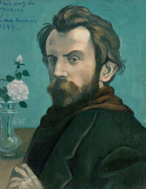 Emile Bernard, Self-Portrait (Portrait, Künstler, Selbstportrait, Profil, Vase, Rose, Klassische Klassische Moderne,  Wohnzimmer, Wunschgröße, bunt)