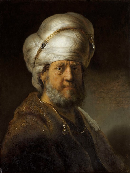 Rembrandt Harmenszoon van Rijn, Bildnis eines Orientalen (Kopfbedeckung,Kunst,Mann,Völkerkunde,Bart,Barock,Turban,Orientalismus,Portrait,Niederländische Kunst,Holländische Kunst,Vollbart,Brustbild)