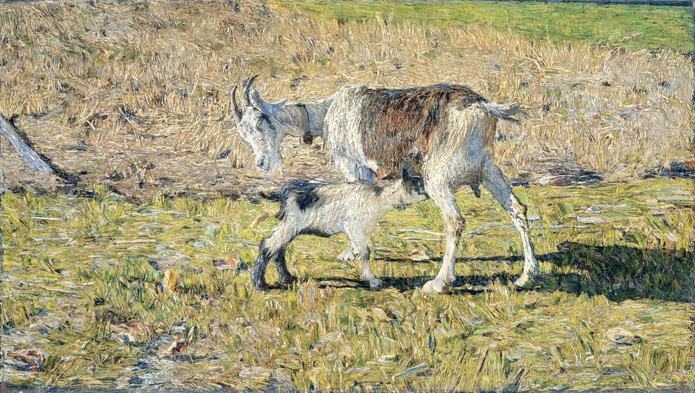 Giovanni Segantini, A Goat with her Kid (Weide, Wiese, Geiß, Ziege, Zicklein, Realismus, Malerei, klassische Moderne, Wunschgröße, Wohnzimmer)
