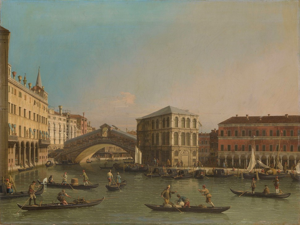 Giovanni Antonio Canaletto, The Grand Canal with the Rialto Bridge and the Fondaco dei Tedeschi (Canal Grande, Venedig, Städte, italien, Rialto-Brücke, Alltagsszene, Boote, Paläste, Architektur, Barock, Vedute, Klassiker, Wunschgröße, Wohnzimmer)