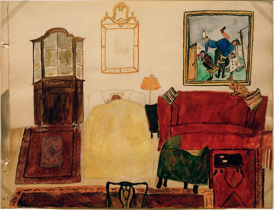 Max Beckmann, Mathilde Beckmann schlafend im Wohnzimmer (Klassische Moderne, Malerei, Expressionismus, Interieur, Einrichtung, Möbel, schlafende Frau, Wunschgröße, Wohnzimmer, Schlafzimmer, bunt)