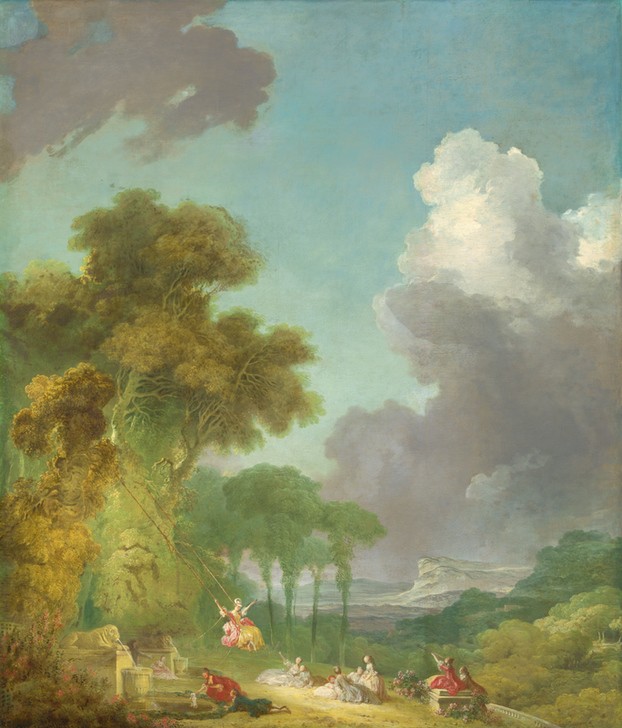 Jean-Honoré Fragonard, The Swing (Park, Freizeit, Spaß, Schaukel, Aristokratie, Treppenhaus, Wohnzimmer, Rokoko, Malerei, Klassiker, bunt)