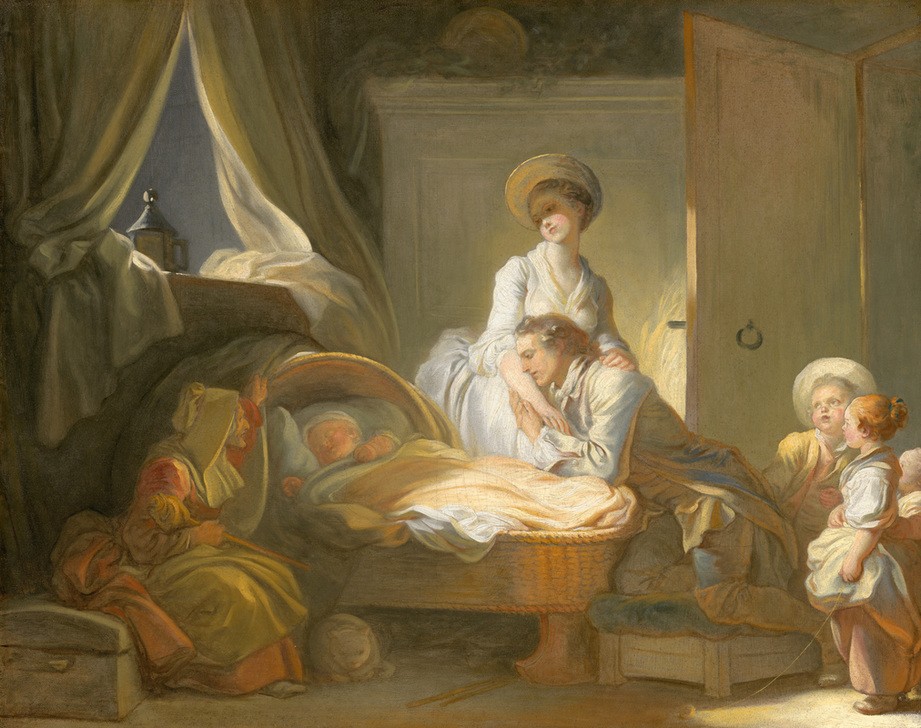 Jean-Honoré Fragonard, Der Besuch des Säuglingsheims (Baby, Familie, Geburt, Säuglingsschwester, Glück, Eltern, Stubenwagen, Heim,  Treppenhaus, Wohnzimmer, Rokoko, Malerei, Klassiker, bunt)