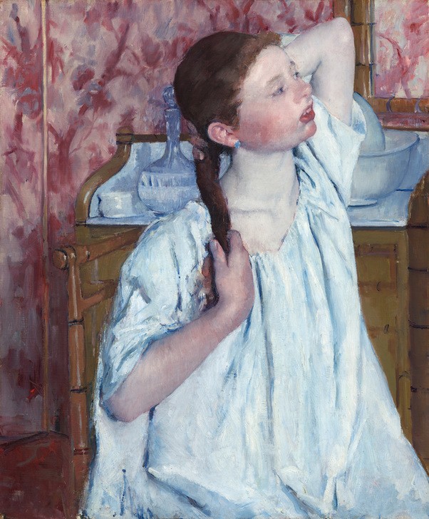 Mary Cassatt, Girl Arranging Her Hair (Mädchen,Schlafzimmer,Nachthemd,Haare (Haar),Langes Haar,Waschtisch)