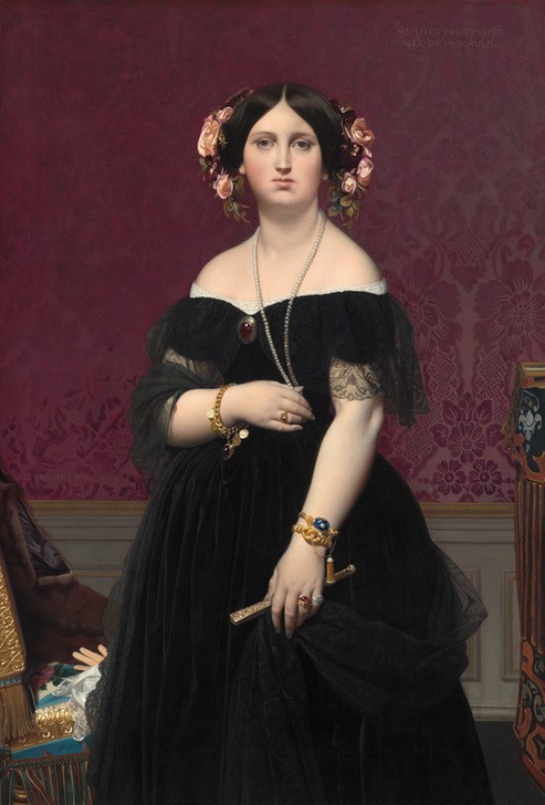 JEAN-AUGUSTE-DOMINIQUE INGRES, Madame Moitessier (Portrait, Dame, Eleganz, Frau, Adel, Fächer, Schmuck, Perlen,    Kopfschmuck, Blütenkranz, Neoklassizismus, Stiftsdame, Malerei, Klassiker, Wohnzimmer,  Wunschgröße)