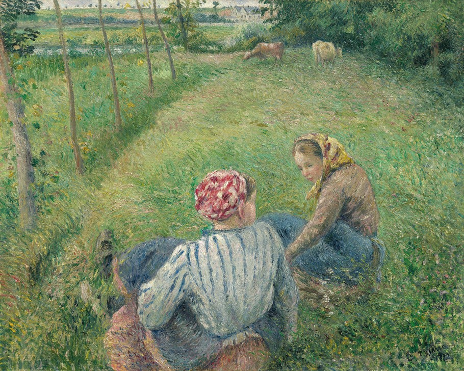 Camille Pissarro, Junge Bauernmädchen ruhen sich auf einem Feld bei Pontoise aus (Mädchen,Rast,Rind,Wiese,Bäuerin,Feld,Ausruhen,Landwirtschaft)