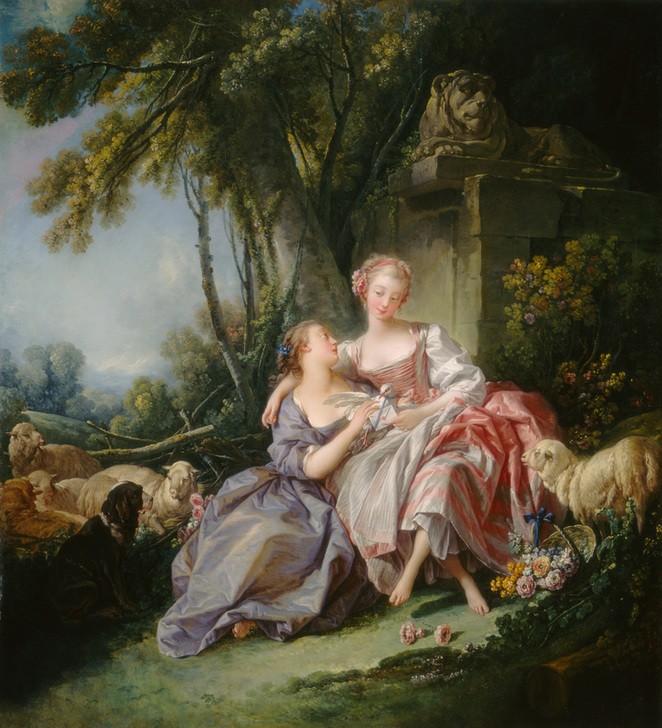 Francois Boucher, The Love Letter (Landschaft, Idylle, Arkadien, Pastorale, Schafe, Frauen, Liebesbrief, Rokoko, Klassiker, Wunschgröße, Wohnzimmer, Malerei, bunt)