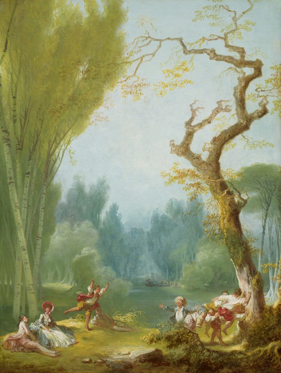 Jean-Honoré Fragonard, A Game of Horse and Rider (Park, Freizeit, Spaß, Gesellschaftsspiel, Kampfspiel, Pferd und Reiter, umwerfen,, Treppenhaus, Wohnzimmer, Rokoko, Malerei, Klassiker, bunt)