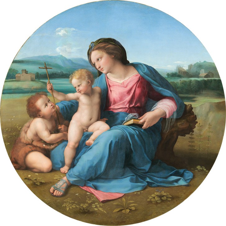 Raffael, The Alba Madonna (Renaissance, Alba Madonna, Kinder, Jesus, Johannes, Landschaft, Religion, Christentum, Klassiker, Schlafzimmer, Wohnzimmer, Malerei, Wunschgröße, bunt)