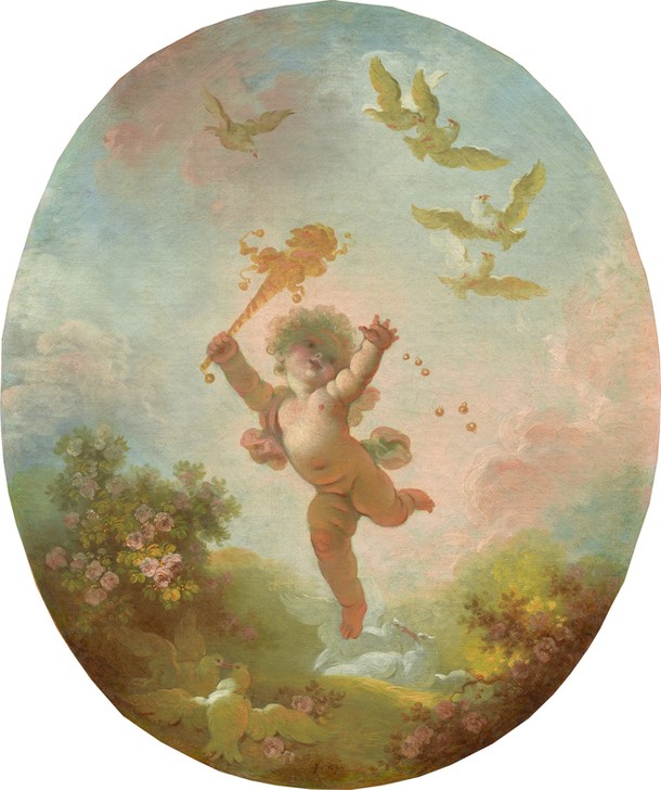 Jean-Honoré Fragonard, Love as Folly (Putte, Amor, Füllhorn, Treppenhaus, Wohnzimmer, Rokoko, Malerei, Klassiker, bunt)