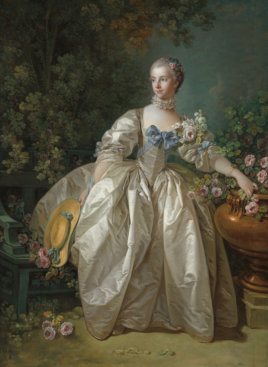 Francois Boucher, Madame Bergeret (Adelige, Dame, Mode, Kleid, Eleganz, Blumen, Rosen, Gartenbank, Rokoko, Klassiker, Wunschgröße, Wohnzimmer, Malerei, bunt)