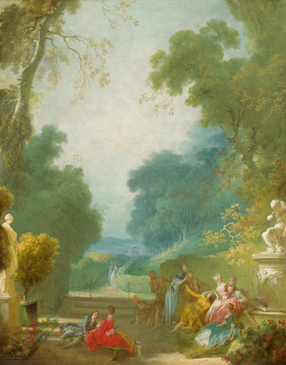 Jean-Honoré Fragonard, A Game of Hot Cockles (Park, Freizeit, Spaß, Gesellschaftsspiel, Schinkenklopfen, Treppenhaus, Wohnzimmer, Rokoko, Malerei, Klassiker, bunt)