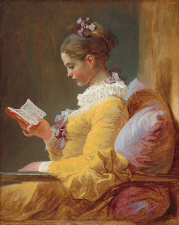 Jean-Honoré Fragonard, Young Girl Reading (Mädchen, Portrait, Profil, Buch, Lesende, Bildung, edel, Aristokratisch, hübsch, Treppenhaus, Wohnzimmer, Rokoko, Malerei, Klassiker,  bunt)