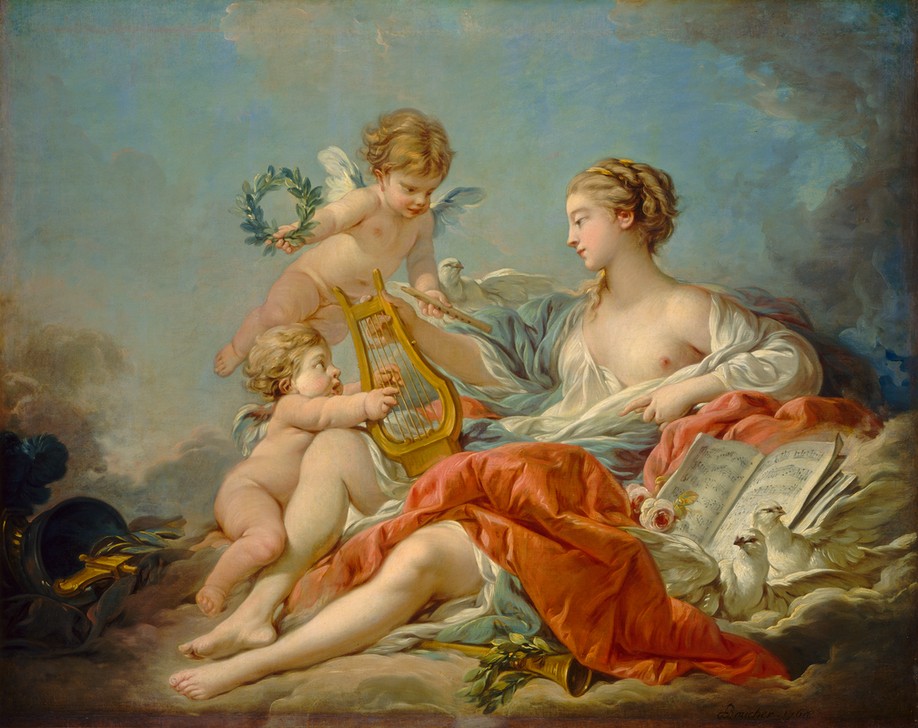 Francois Boucher, Allegory of Music (Allegorie, Personifizierung, Musik, junge Frau, Lyra, Putten, Notenblatt, Aktmalerei, Rokoko, Klassiker, Wunschgröße, Wohnzimmer, Malerei, bunt)