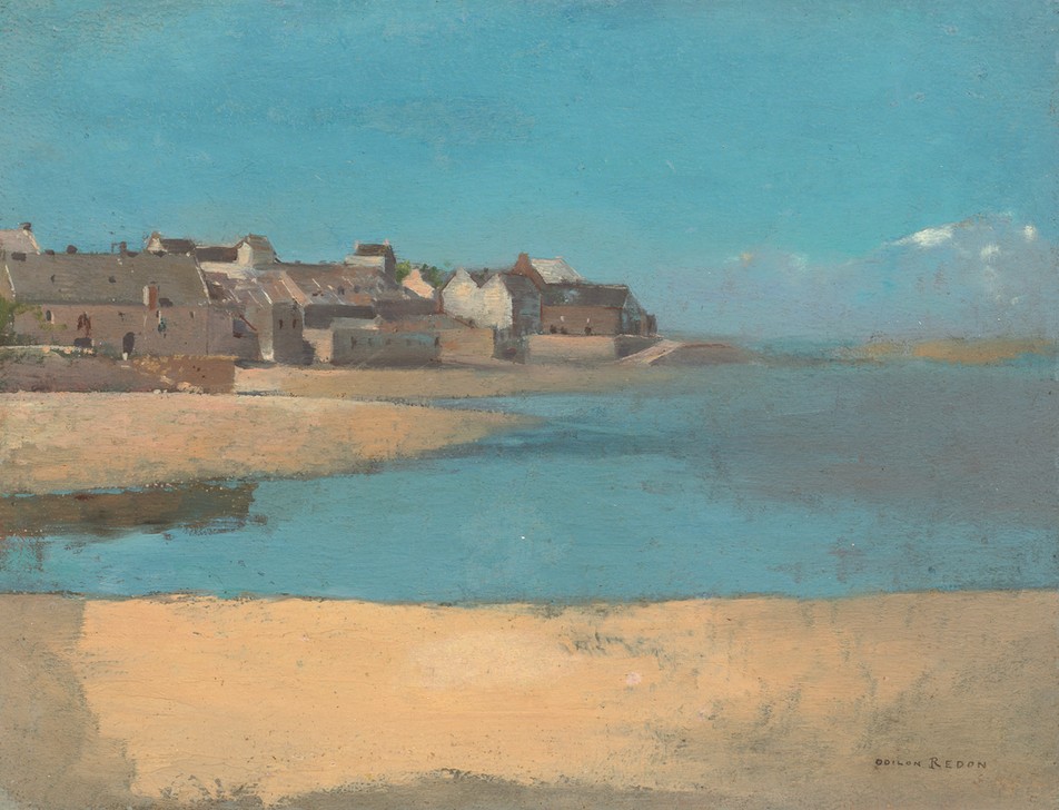 Odilon Redon, Dorf am Meer in der Bretagne (Wunschgröße, klassische Moderne, Postimpressionimus, Landschaft, Dorf, Meer, Bretagne, Frankreich, Treppenhaus, Wohnzimmer, Malerei, bunt)
