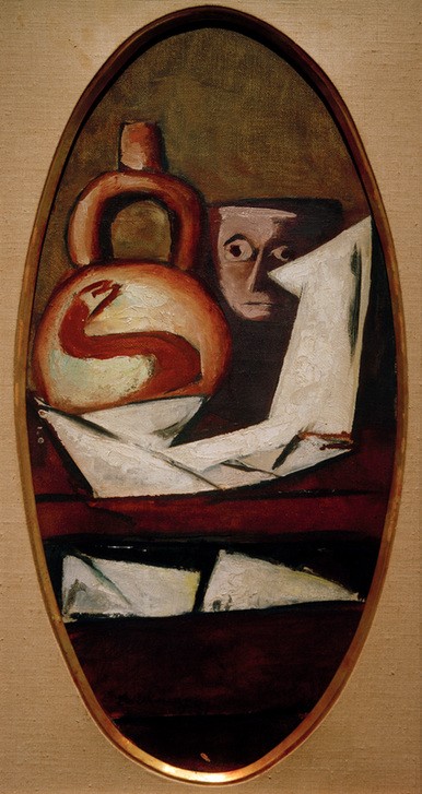 Max Beckmann, Stillleben mit mexikanischer Figur (Stillleben, Expressionismus, Klassische Moderne, Malerei, Wohnzimmer, Esszimmer, Treppenhaus, Wunschgröße, bunt)