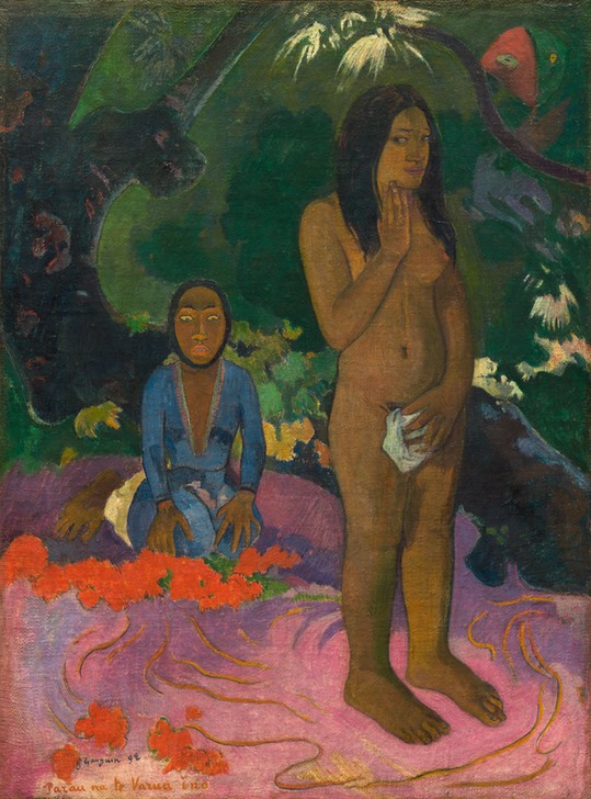 Paul Gauguin, Parau na te Varua ino (Worte des Teufels) (Südsee, junge Frau , Ureinwohner, Gesellschaft, Rituale, exotisch, Landschaft,  Wunschgröße, Klassische Moderne, Impressionismus, Malerei,  Wohnzimmer,  bunt)
