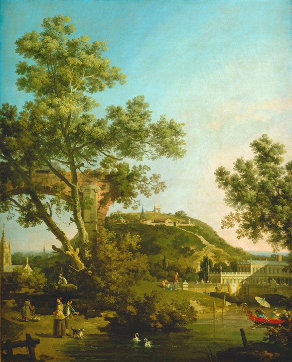 Giovanni Antonio Canaletto, English Landscape Capriccio with a Palace (Landschaft, Capriccio, Fantasie, Hügel, Baum, England, Palast, Barock, Vedute, Klassiker, Wunschgröße, Wohnzimmer)