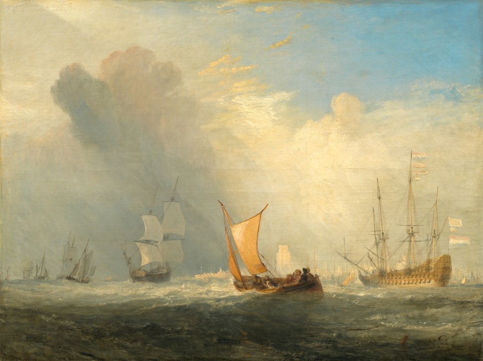 JOSEPH MALLORD WILLIAM TURNER, Rotterdam Ferry-Boat (Sonne,Meer,See,Marinemalerei,Licht,Atmosphäre,Romantik,Heiter,Wolken)