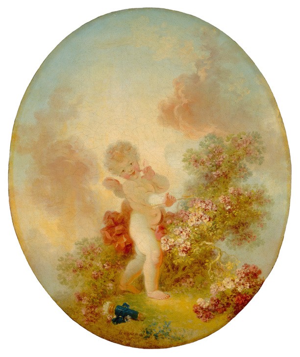 Jean-Honoré Fragonard, Love the Sentinel (Putte, Amor, Pfeil, Köcher, verspielt, Blumenhecke, Versteck, Treppenhaus, Wohnzimmer, Rokoko, Malerei, Klassiker, bunt)