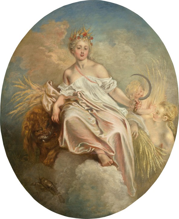 Jean-Antoine Watteau, Ceres (Sommer) (Allegorie, Personifikation, Jahreszeit, Sommer, Getreide, Sichel, Ernte, junge Frau, Löwe, Rokoko, Wohnzimmer, Schlafzimmer, Klassiker,  Wunschgröße)