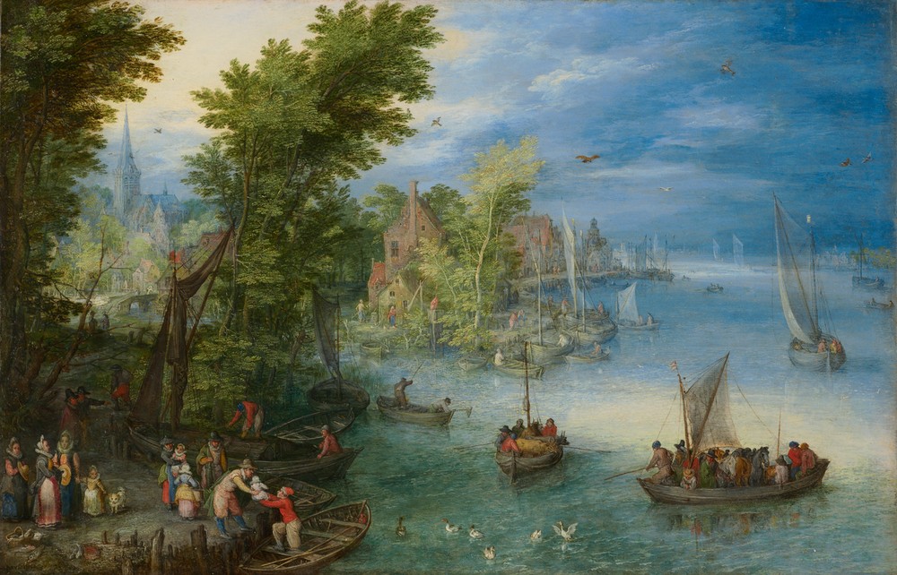 Jan Brueghel der Ältere, Flusslandschaft (Boote, Fähren, Transport, Landschaft, Barock, Klassiker, Malerei, Wunschgröße, Wohnzimmer, bunt)