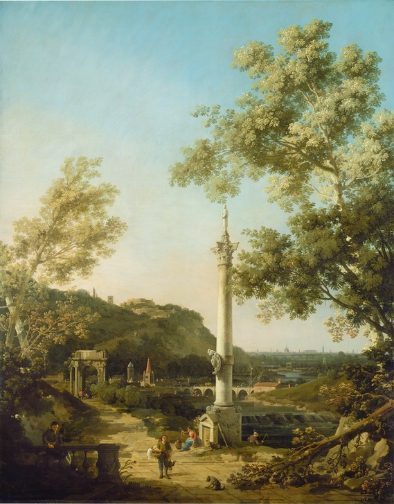 Giovanni Antonio Canaletto, English Landscape Capriccio with a Column (Landschaft, Capriccio, Fantasie, Hügel, Bäume, England, Säule, Barock, Vedute, Klassiker, Wunschgröße, Wohnzimmer)