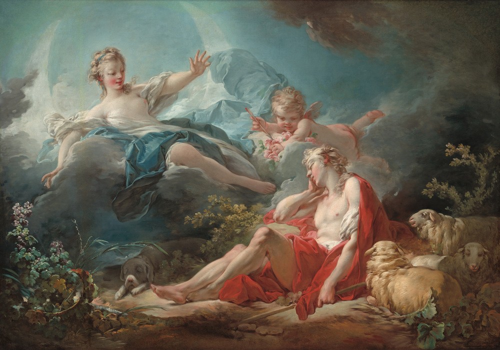 Jean-Honoré Fragonard, Diana and Endymion (Mythologie, Götter, Göttin der Jagd, Jüngling, ewiger Schlaf, Treppenhaus, Wohnzimmer, Rokoko, Klassiker, Wunschgröße, Malerei, bunt)