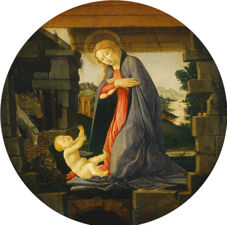Sandro Botticelli, The Virgin Adoring the Child (Neues Tesament, Maria, Jesus Christus, Jesuskind, Religion,   Renaissance, Klassiker, Schlafzimmer, Wohnzimmer,   Detail,  bunt)