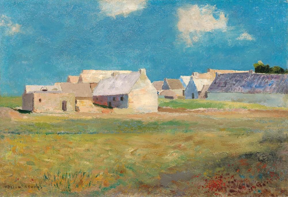 Odilon Redon, Breton Village (Wunschgröße, klassische Moderne, Postimpressionimus, Landschaft, Dorf, Meer, Bretagne, Frankreich, Treppenhaus, Wohnzimmer, Malerei, bunt)