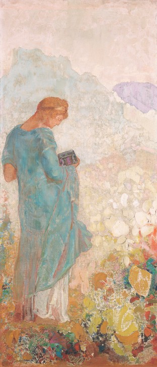 Odilon Redon, Pandora (Wunschgröße, klassische Moderne, Symbolismus, Figurativ, Pandora, Büchse, Mythologie, Sagenwelt,  Treppenhaus, Wohnzimmer, Malerei, bunt)