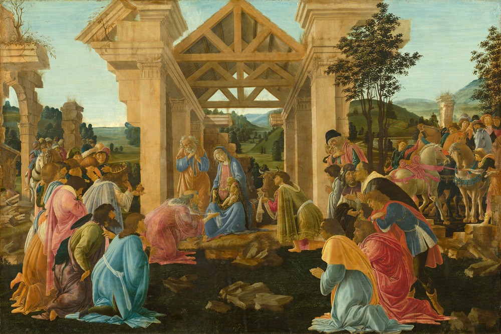 Sandro Botticelli, The Adoration of the Magi (Neues Tesament, Jesus Christus, Geburt Christi, Heilige Familie, Stall, Anbetung der Könige, Religion,   Renaissance, Klassiker, Schlafzimmer, Wohnzimmer, Wunschgröße,    bunt)