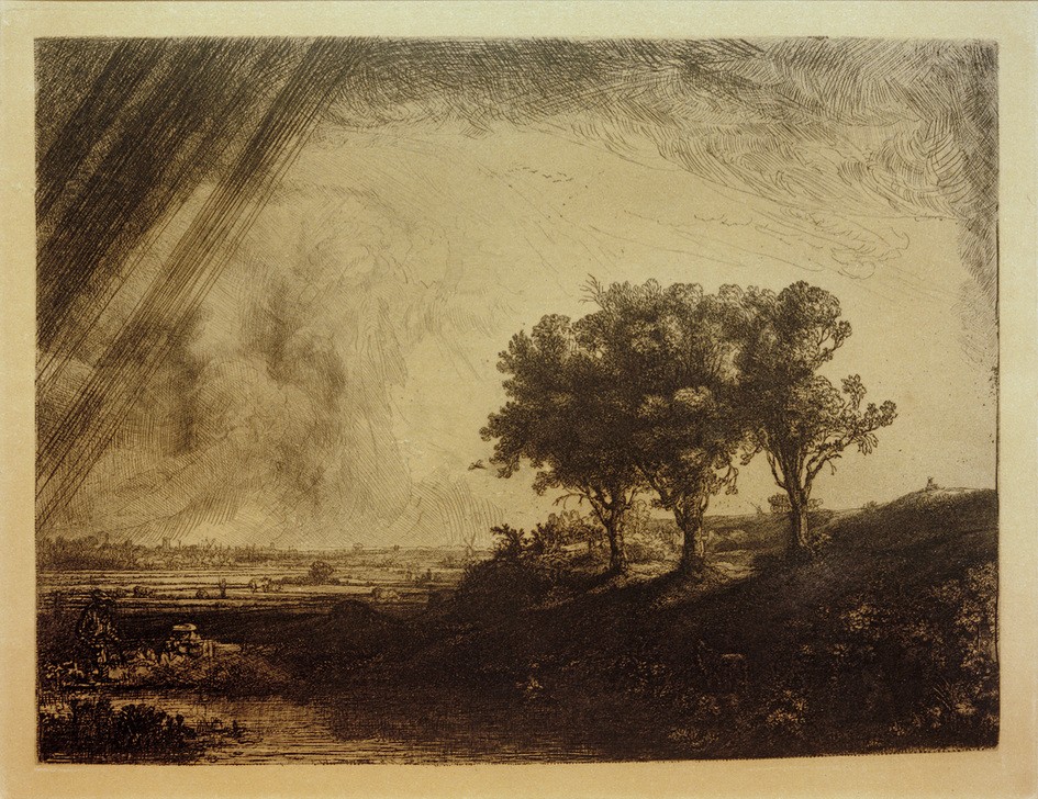 Rembrandt Harmenszoon van Rijn, Die Landschaft mit den drei Bäumen (Botanik,Landschaft,Barock,Baum,Niederländische Kunst,Baumgruppe)