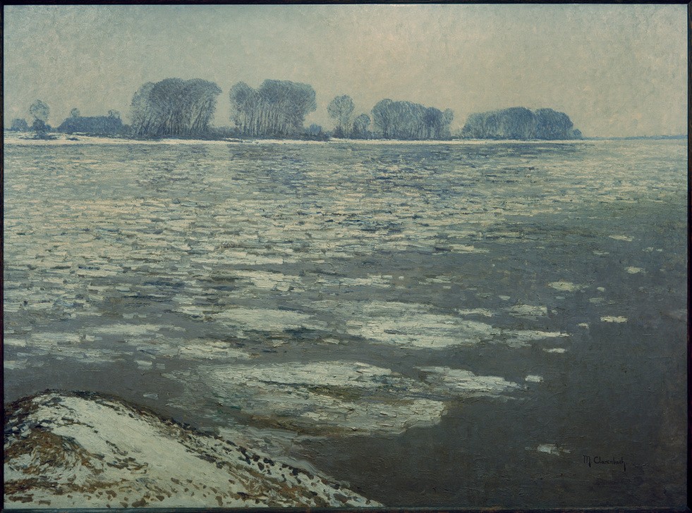 Max Clarenbach, Treibeis im Niederrhein (DEUTSCHE KUNST, EIS (KÄLTE), JAHRESZEITEN, KUNST, LANDSCHAFT, WINTER, IMPRESSIONISMUS, FLUSS, KÄLTE, TREIBEIS, SIGNATUR)