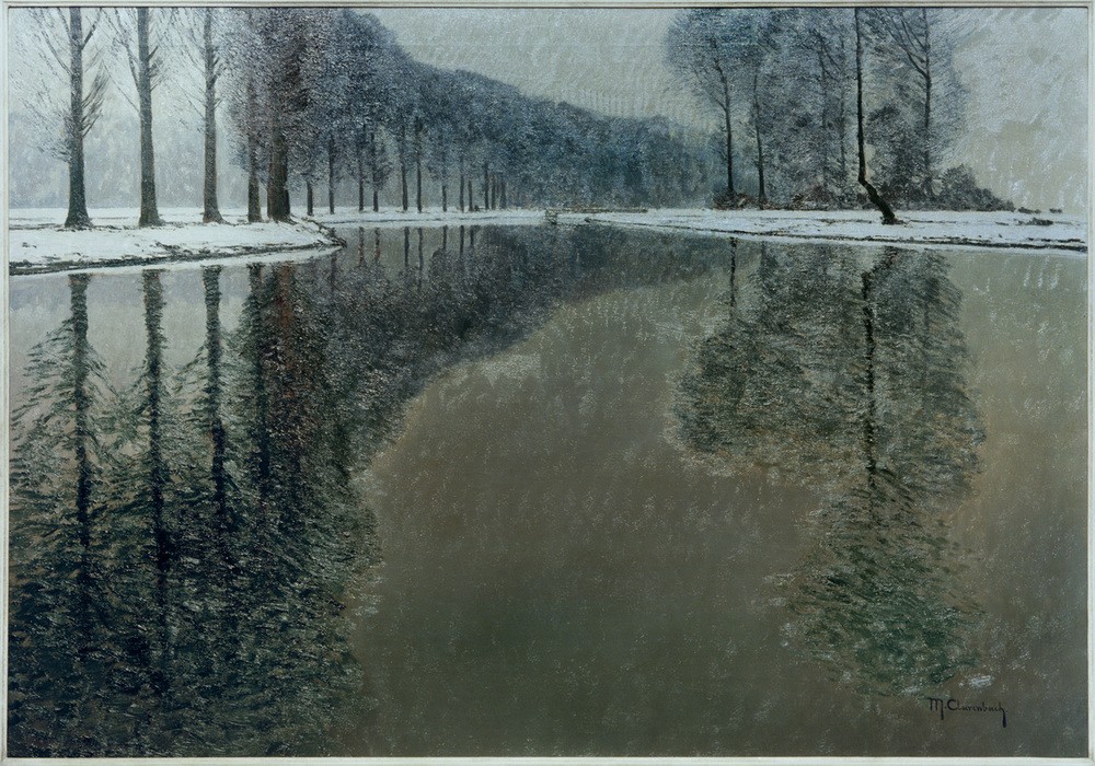 Max Clarenbach, Winter an der Erft (DEUTSCHE KUNST, GEWÄSSER, JAHRESZEITEN, KUNST, LANDSCHAFT, WINTER, IMPRESSIONISMUS, SCHNEE, FLUSS, SPIEGELUNG, BAUM, SPIEGELBILD, JAHRHUNDERTWENDE, SIGNATUR)